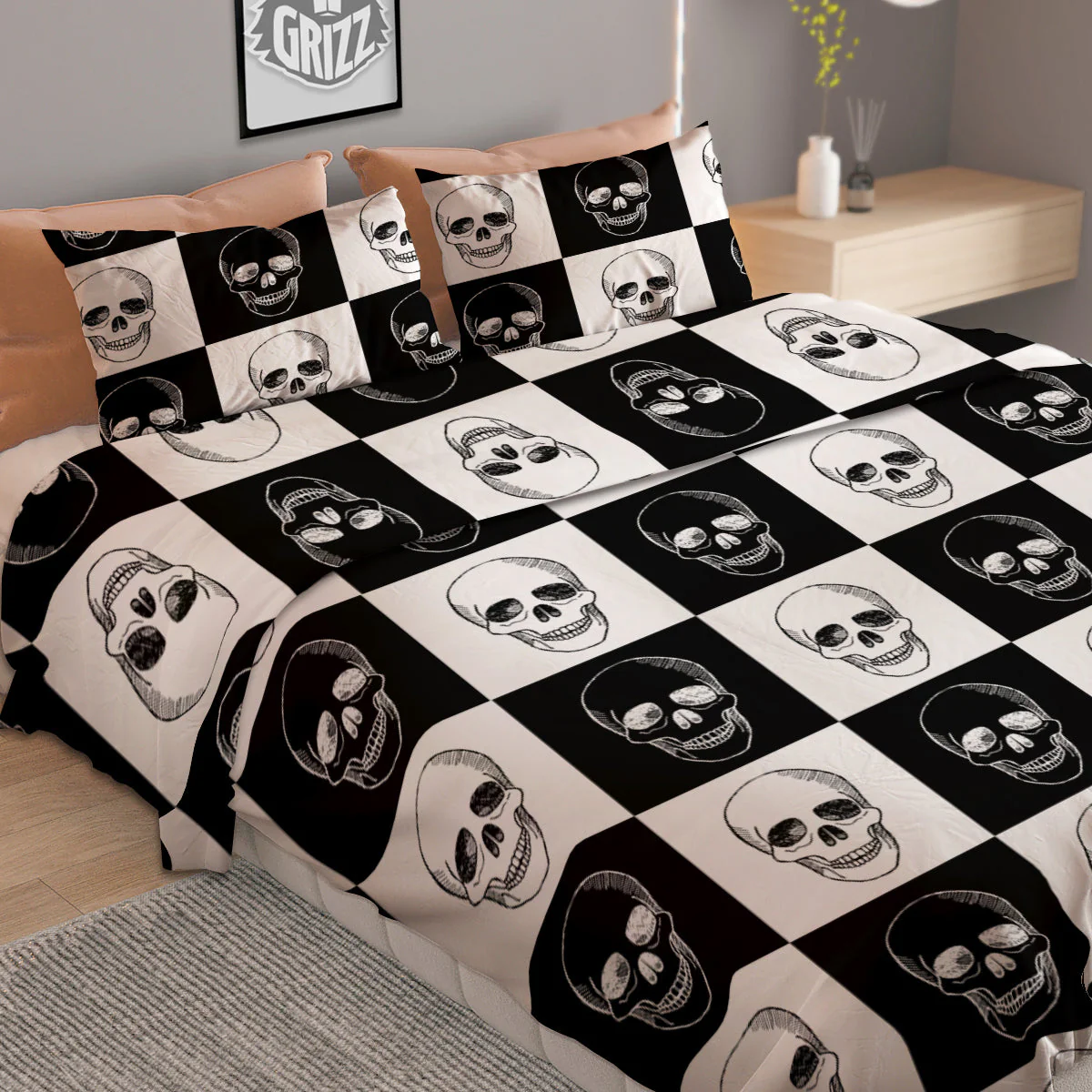 Skull Checkered Print Pattern Duvet Cover Bedding Set - Image 2