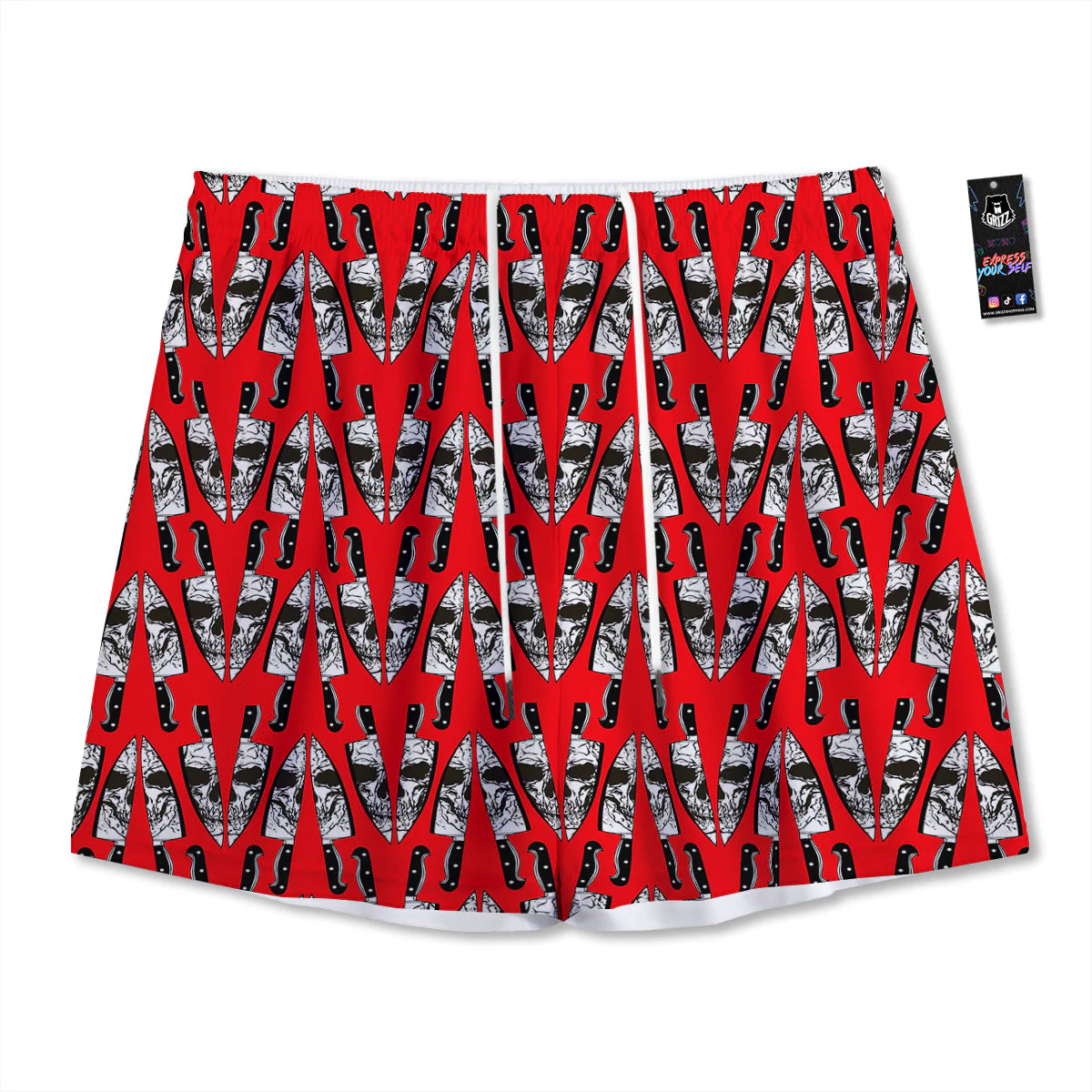Skull Face Reflection Knife Print Pattern Mesh Shorts