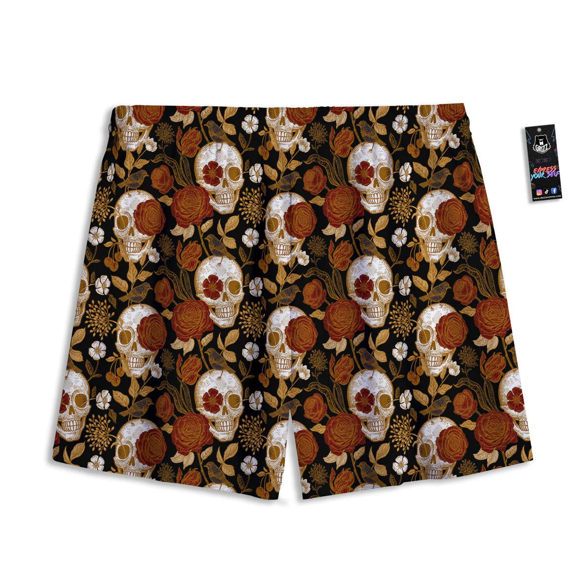 Skull Floral Vintage Print Pattern Mesh Shorts - Image 2