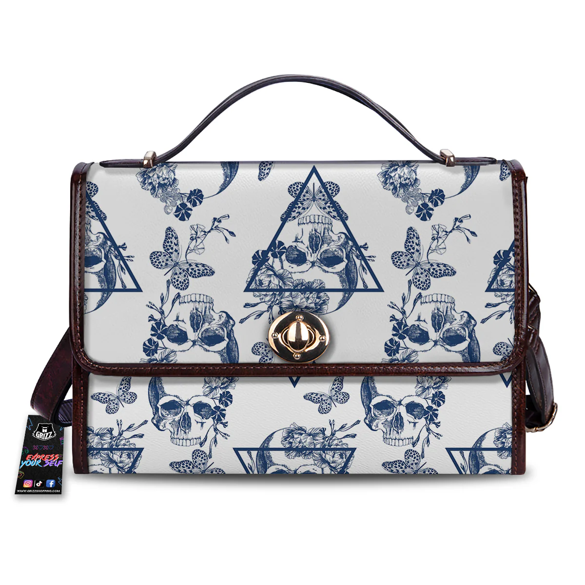 Skull Floral White And Blue Print Pattern Women's Satchel Bag