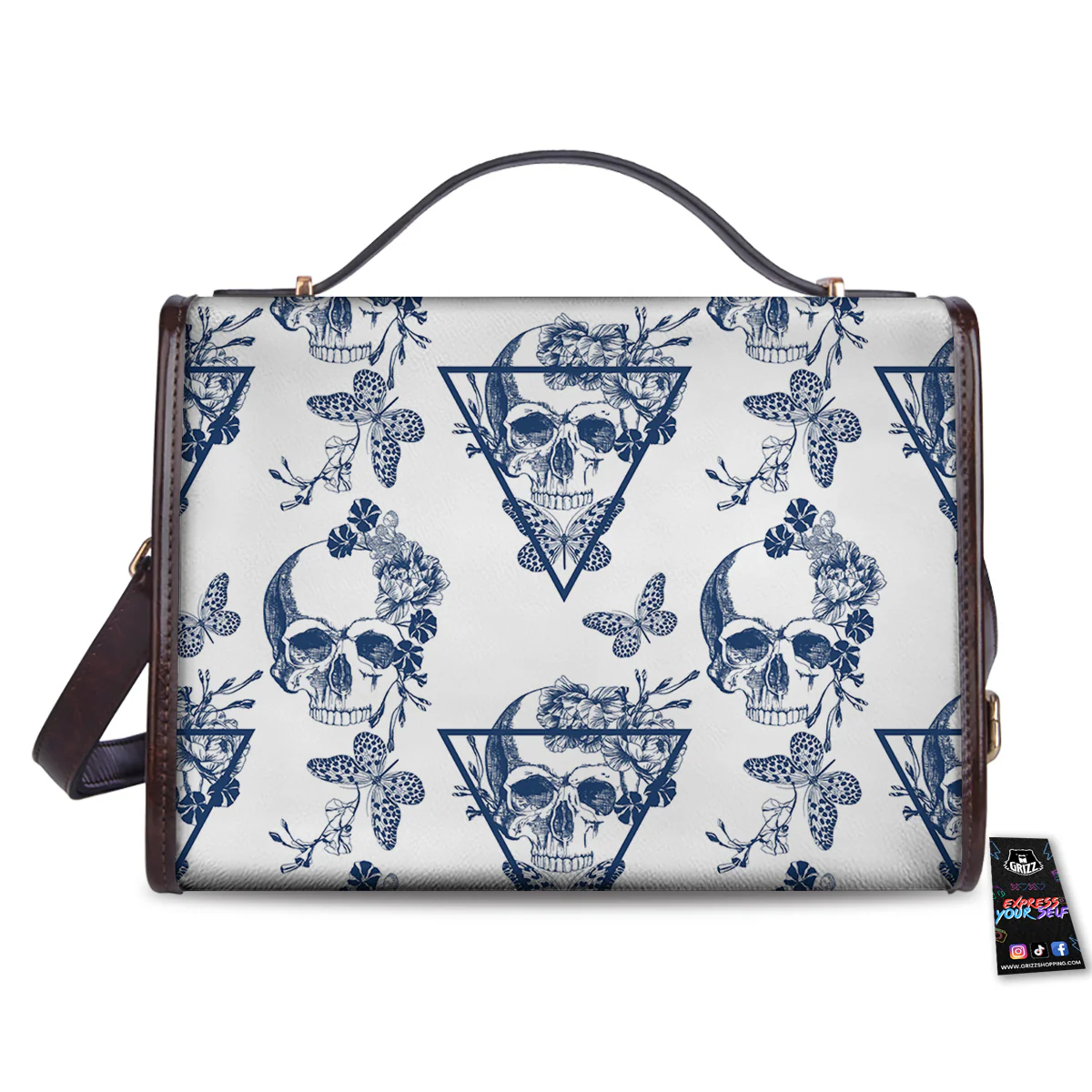 Skull Floral White And Blue Print Pattern Women's Satchel Bag - Image 2