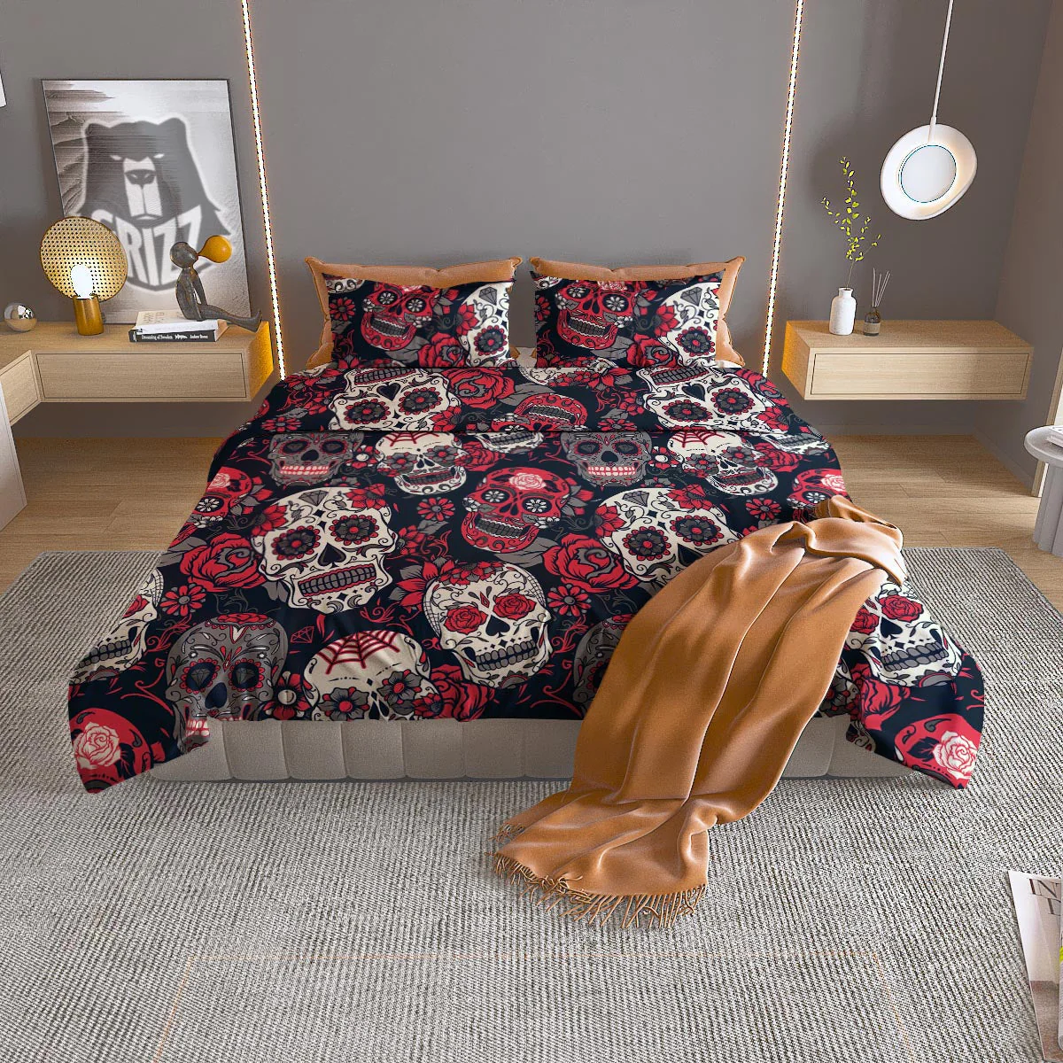 Skull Flower Red Sugar Print Pattern Duvet Cover Bedding Set