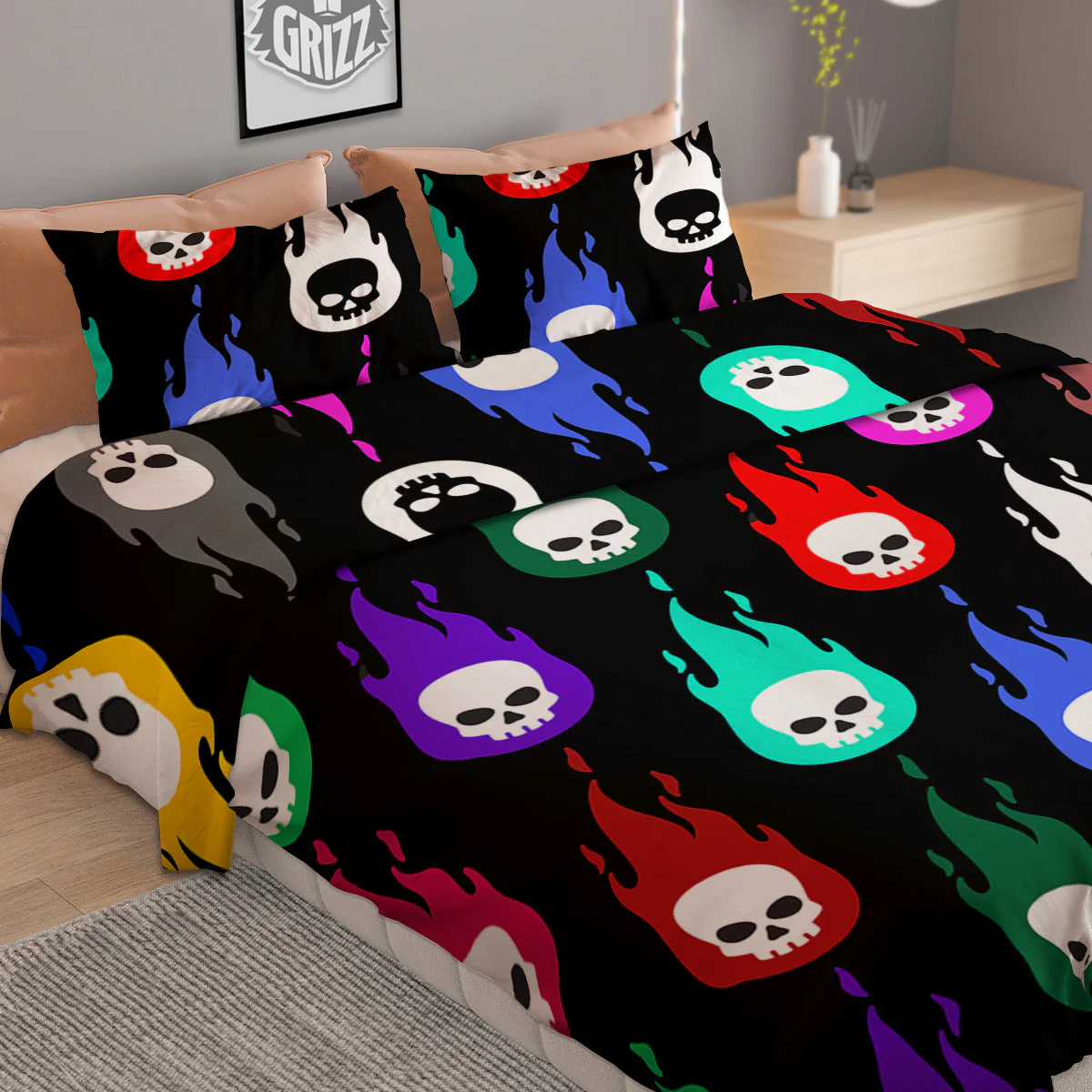 Skull Head Fire Colorful Print Pattern Duvet Cover Bedding Set - Image 2