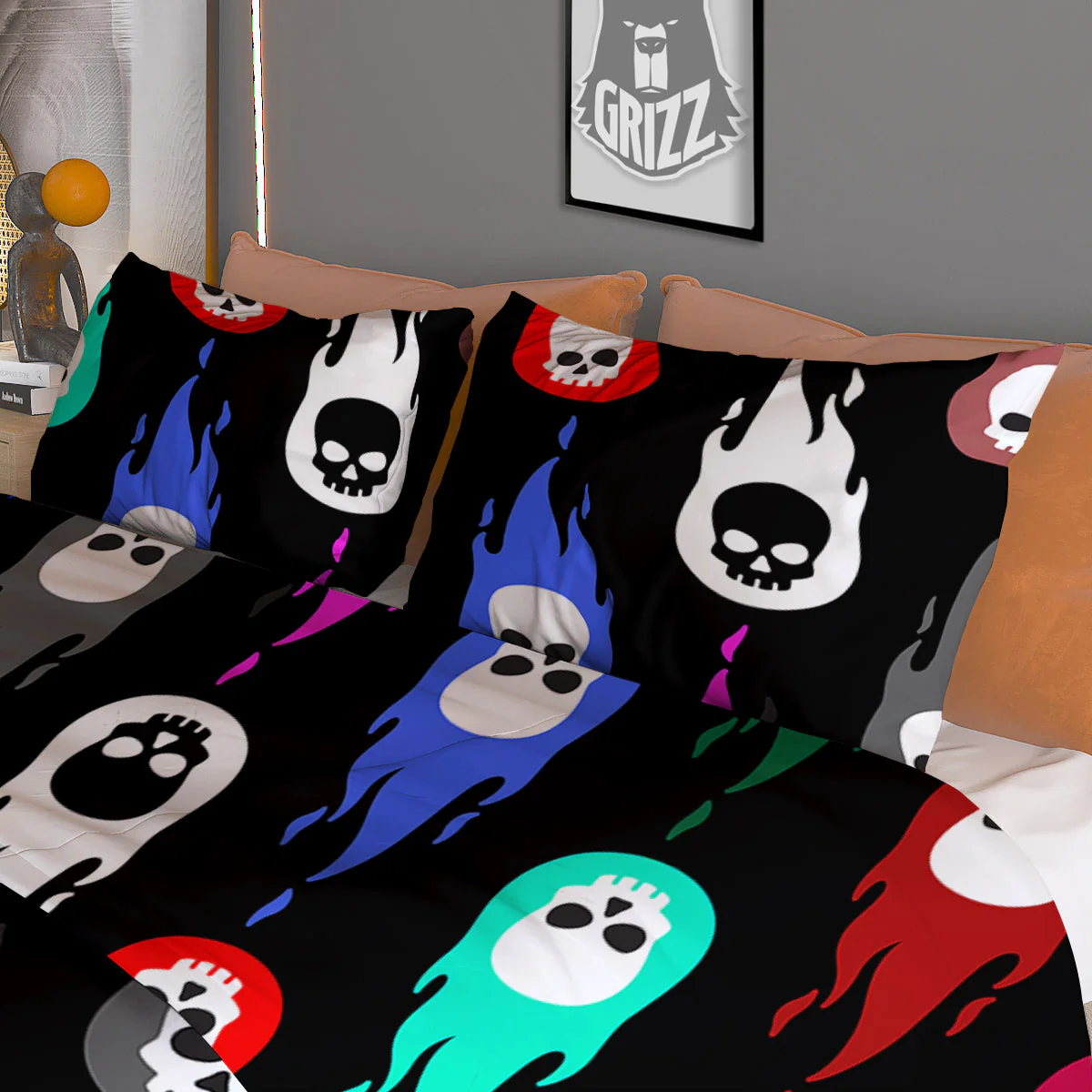 Skull Head Fire Colorful Print Pattern Duvet Cover Bedding Set - Image 3