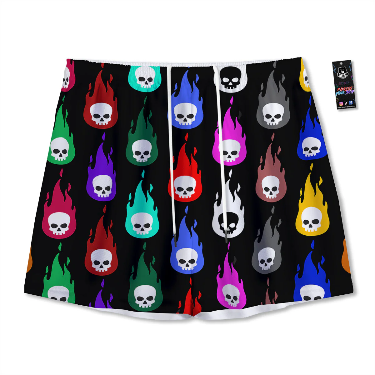 Skull Head Fire Colorful Print Pattern Mesh Shorts