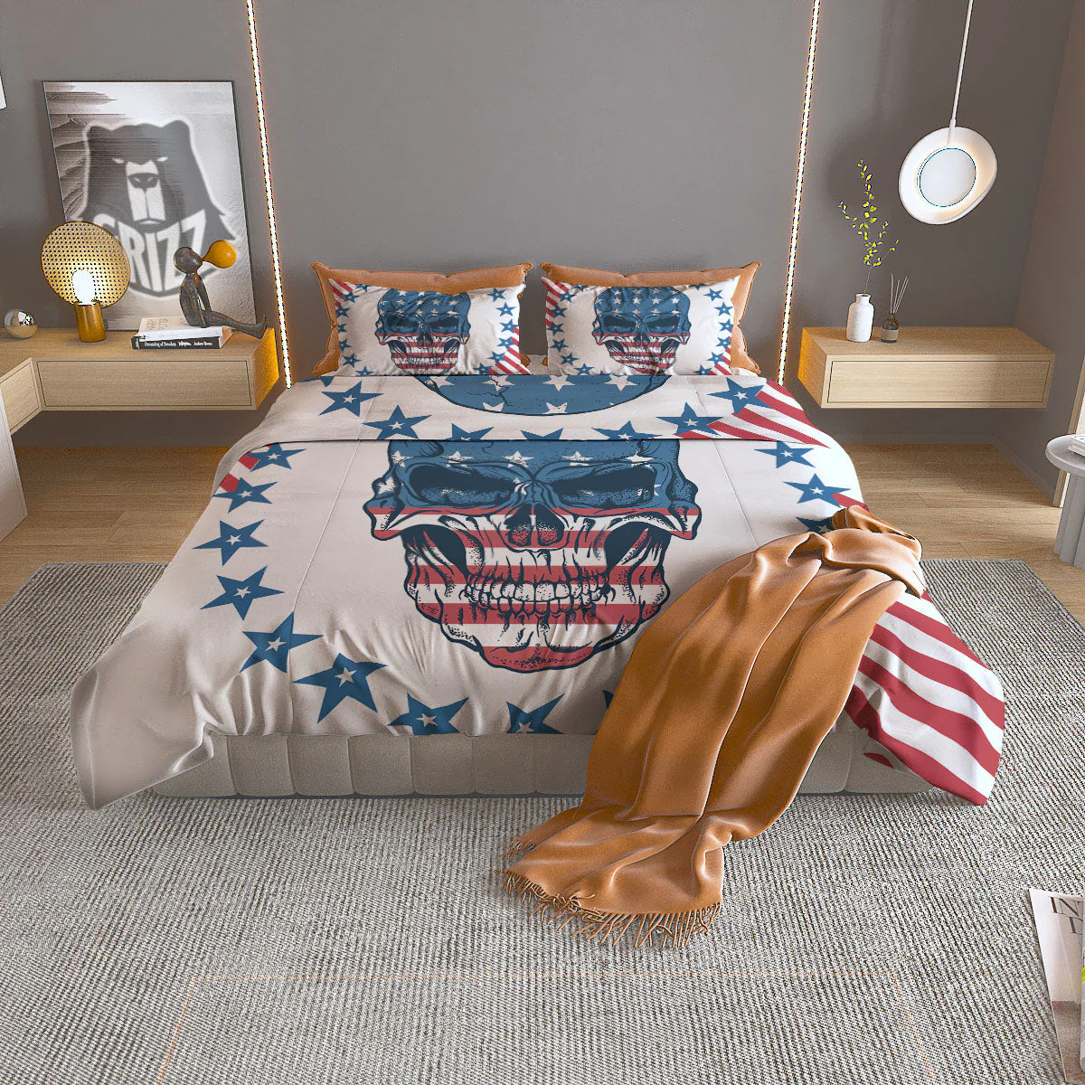 Skull Patriotic American Print Duvet Cover Bedding Set