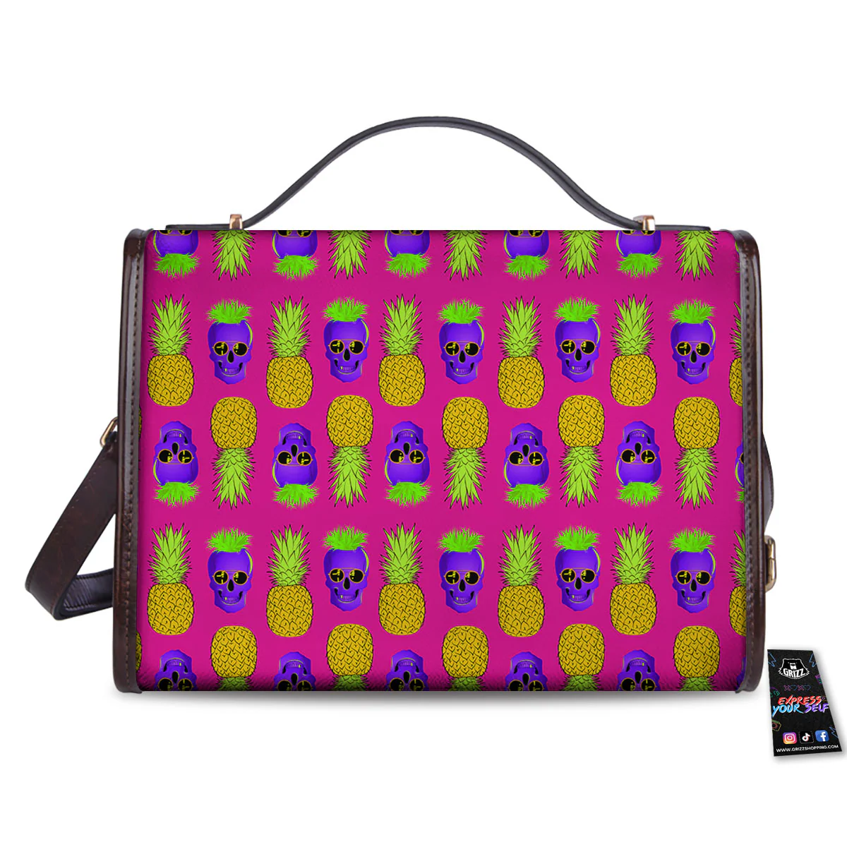 Skull Pineapple Print Pattern Women's Satchel Bag - Image 2