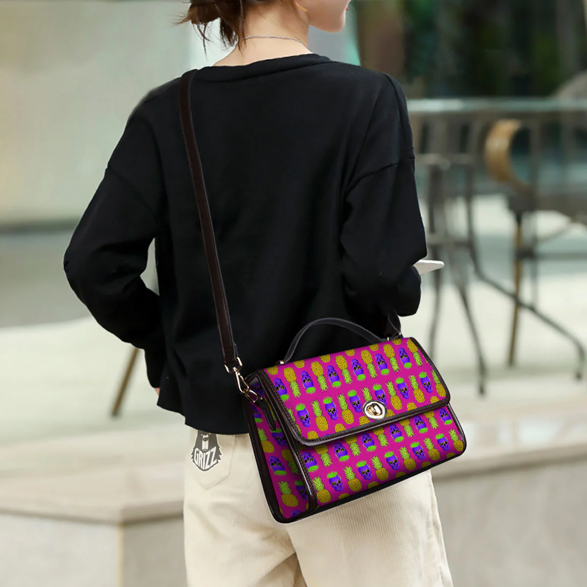 Skull Pineapple Print Pattern Women's Satchel Bag - Image 3