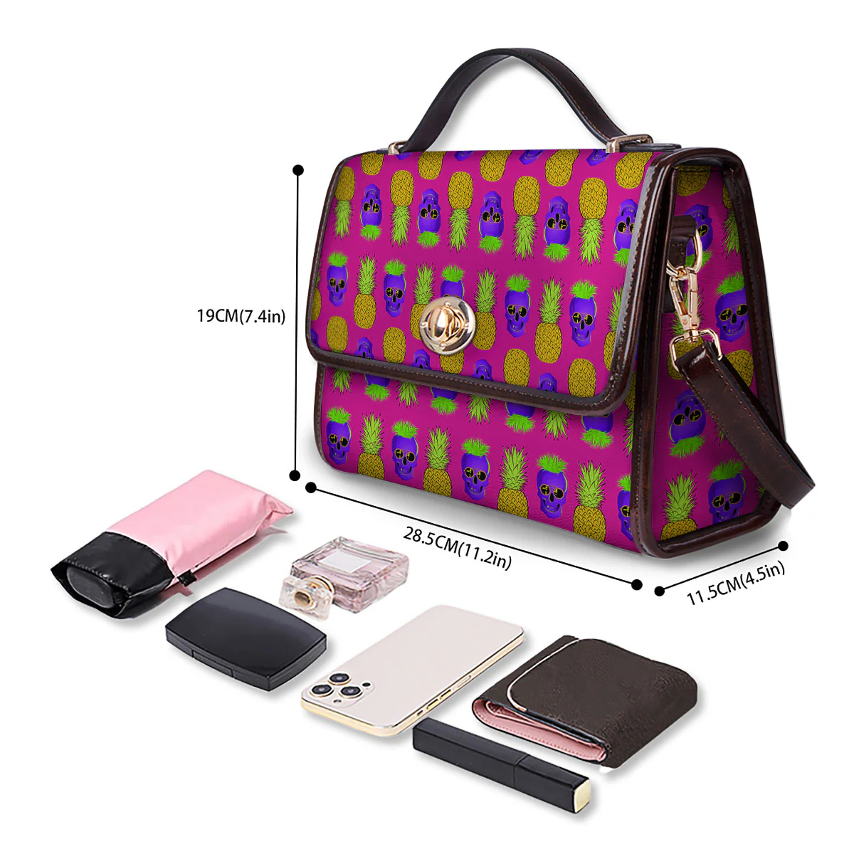Skull Pineapple Print Pattern Women's Satchel Bag - Image 4