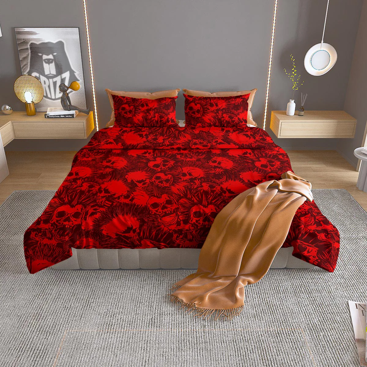 Skull Punk Red Print Pattern Duvet Cover Bedding Set