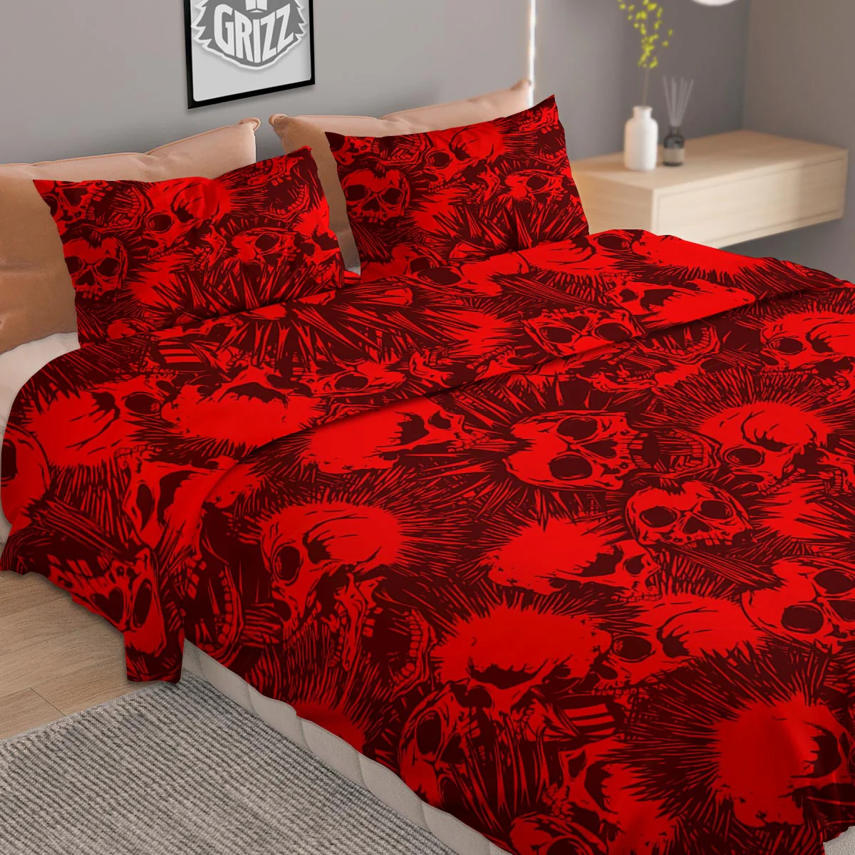 Skull Punk Red Print Pattern Duvet Cover Bedding Set - Image 2