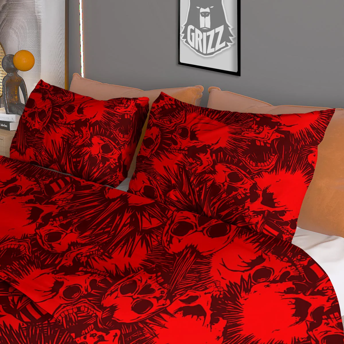 Skull Punk Red Print Pattern Duvet Cover Bedding Set - Image 3