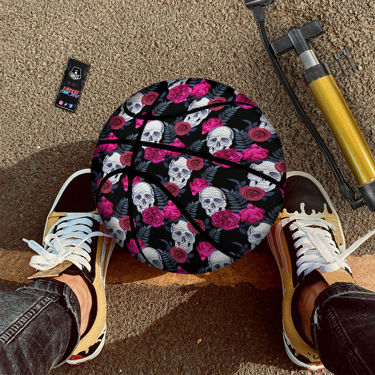 Skull Red Peony Print Pattern Basketball - Image 2