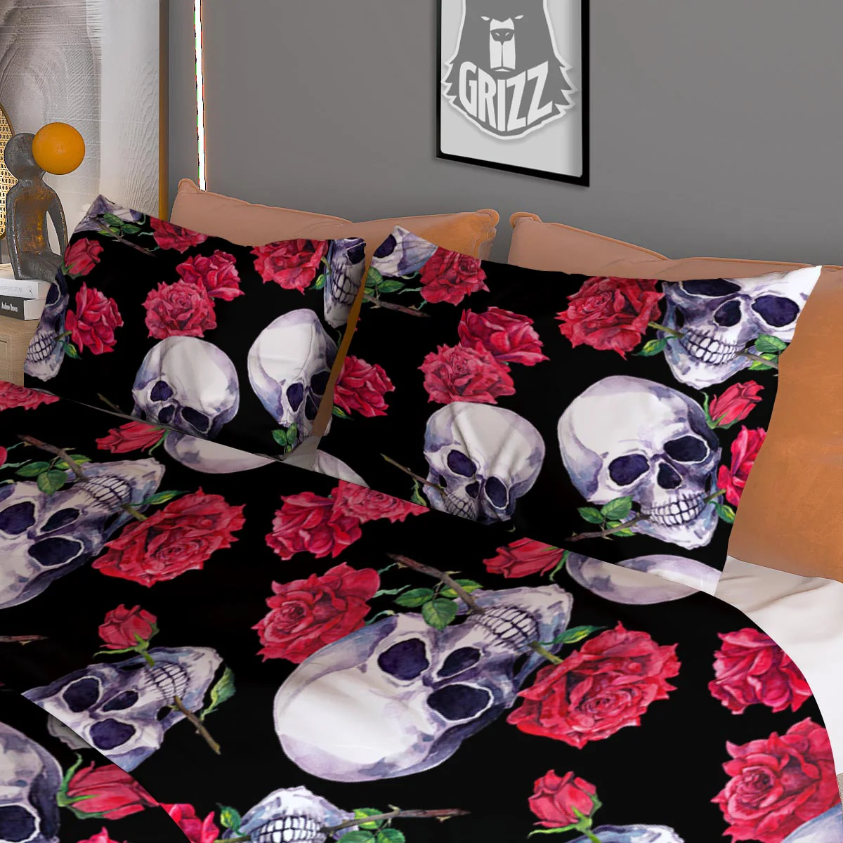 Skull Red Rose Print Pattern Duvet Cover Bedding Set - Image 3