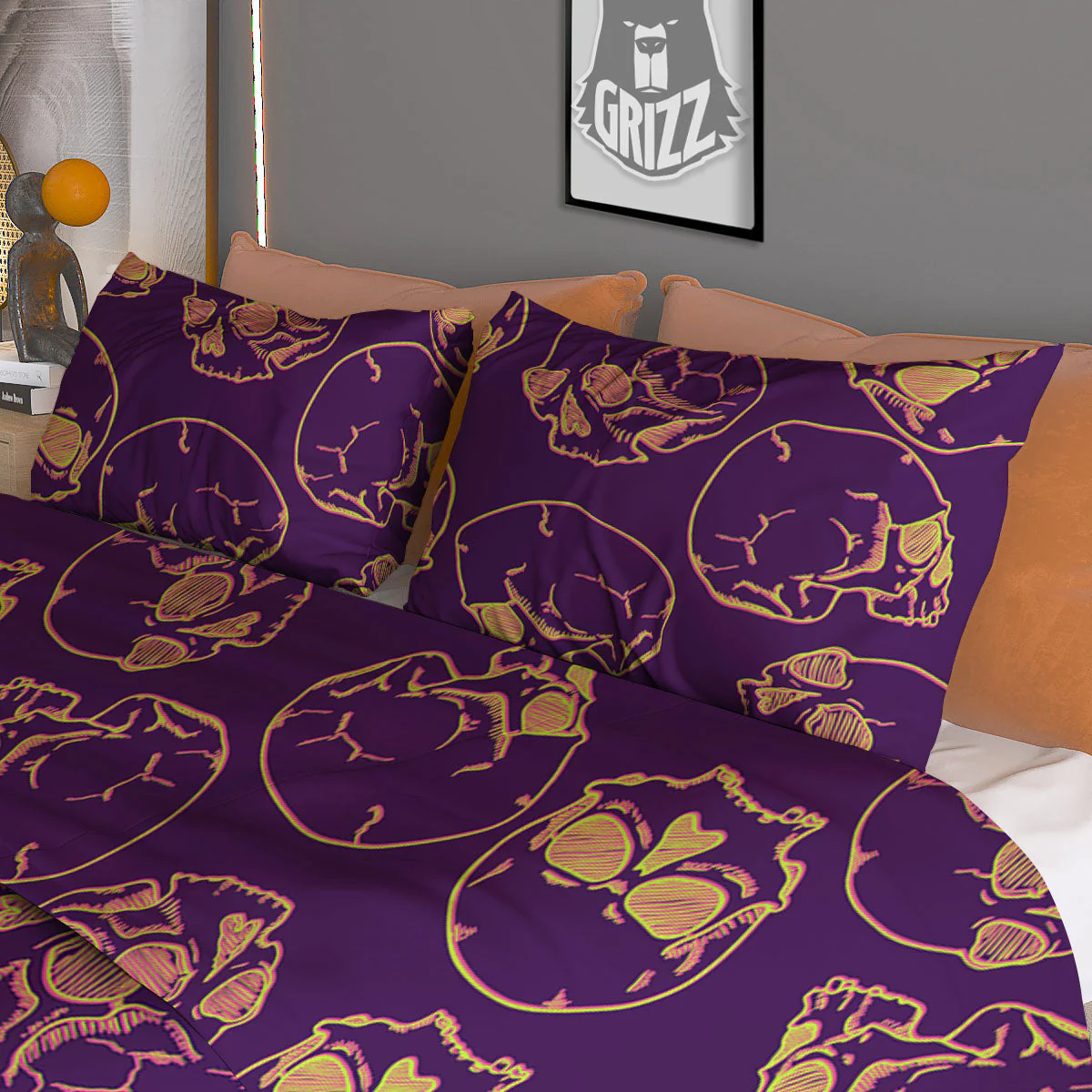 Skull Teal And Purple Print Pattern Duvet Cover Bedding Set - Image 3