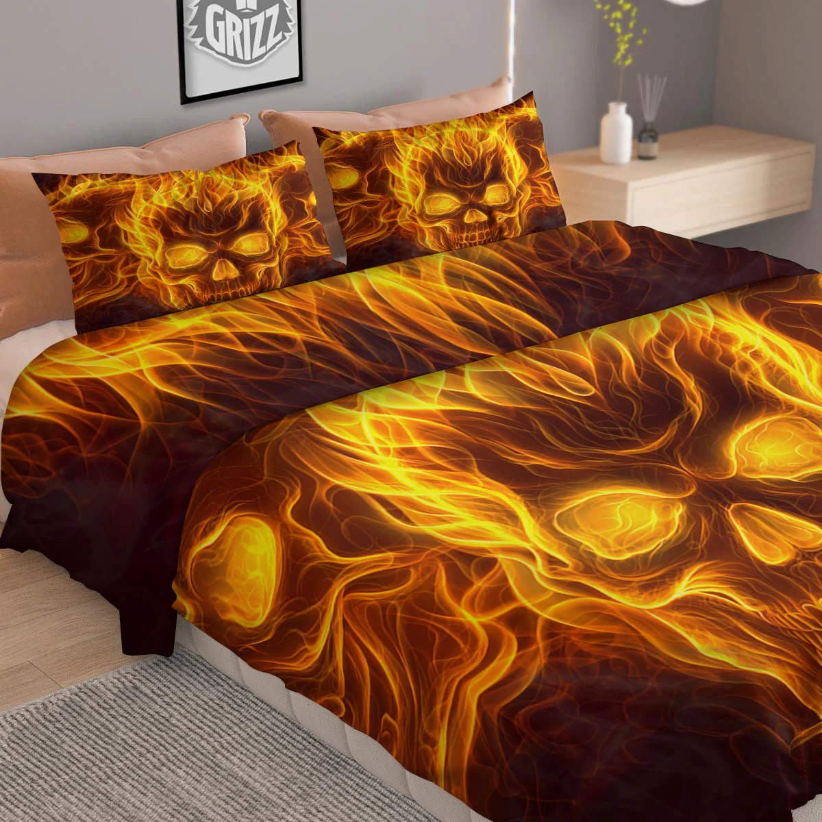 Skull Three Flaming Print Duvet Cover Bedding Set - Image 2