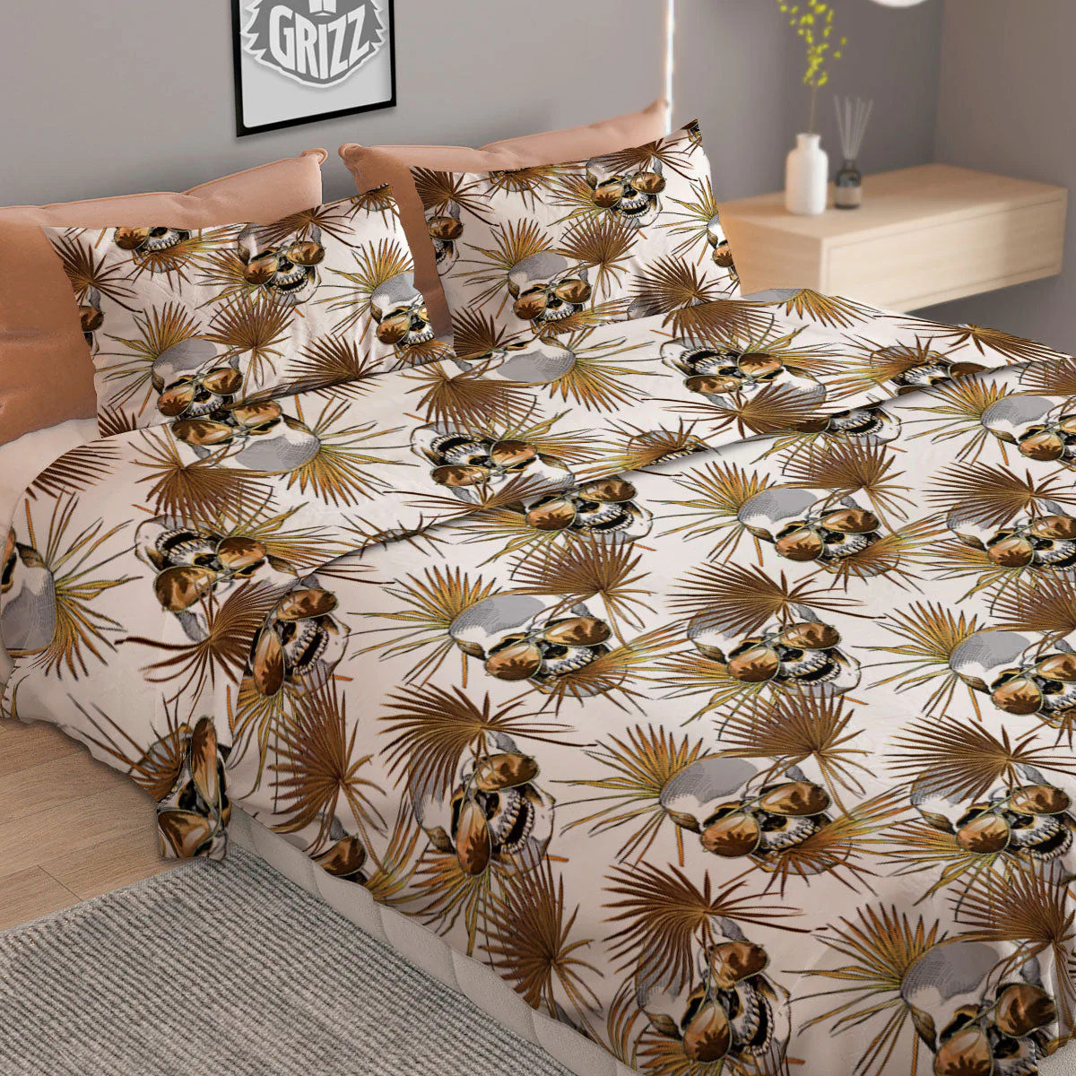 Skull Tropical Gold Print Pattern Duvet Cover Bedding Set - Image 2