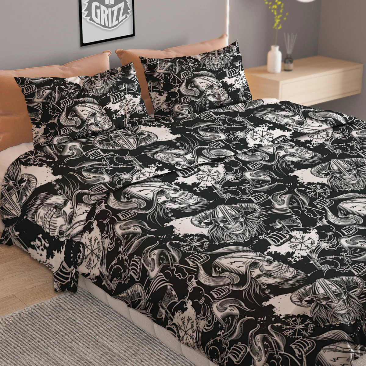 Skulls in Viking Helmets Print Pattern Duvet Cover Bedding Set - Image 2