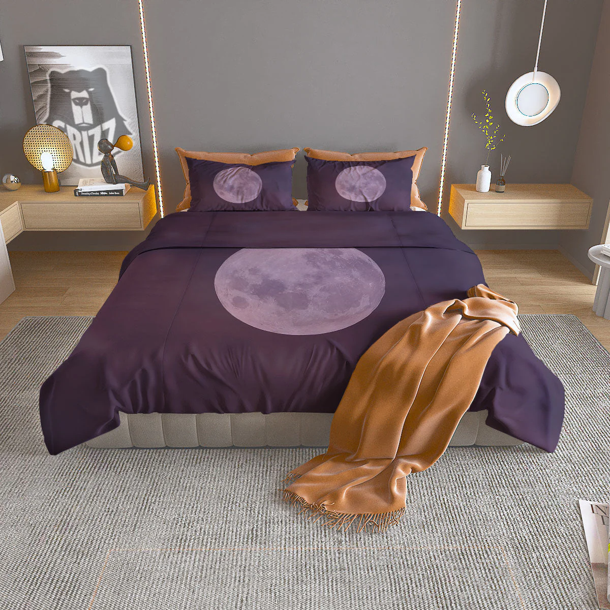 Sky Purple And Full Moon Print Duvet Cover Bedding Set