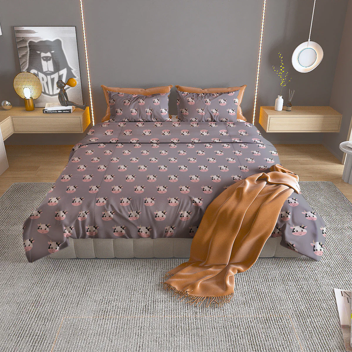 Smiley Cow Cartoon Print Pattern Duvet Cover Bedding Set