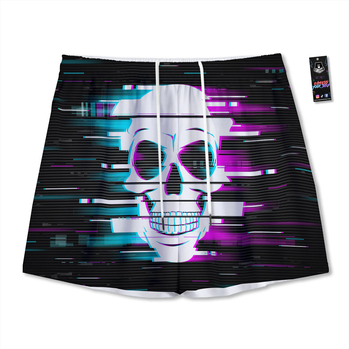 Smiling Skull Glitch Print Mesh Shorts