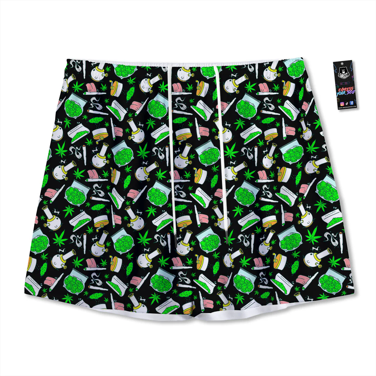Smoke Weed Green Neon Print Pattern Mesh Shorts