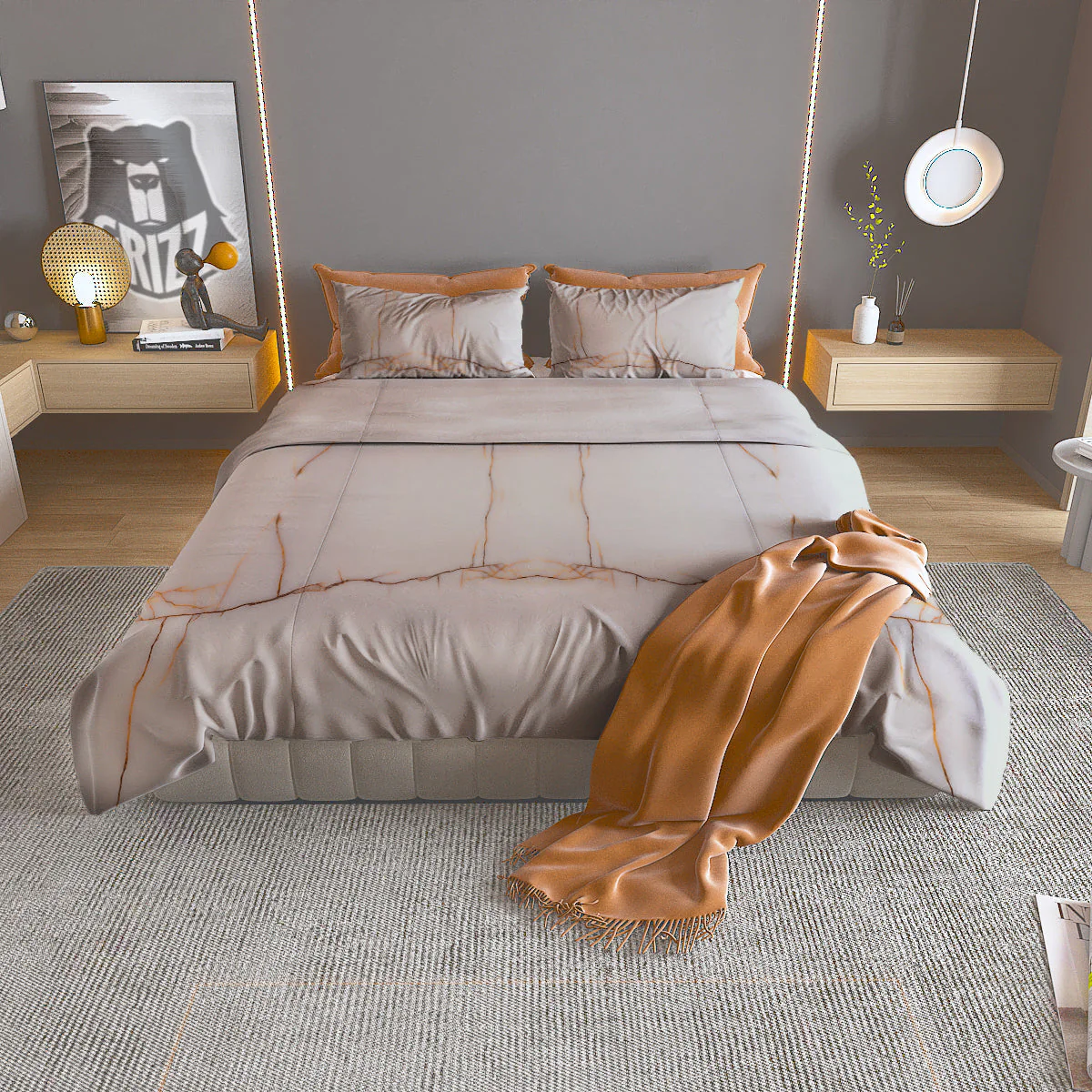 Smooth Marble White Brown Print Pattern Duvet Cover Bedding Set
