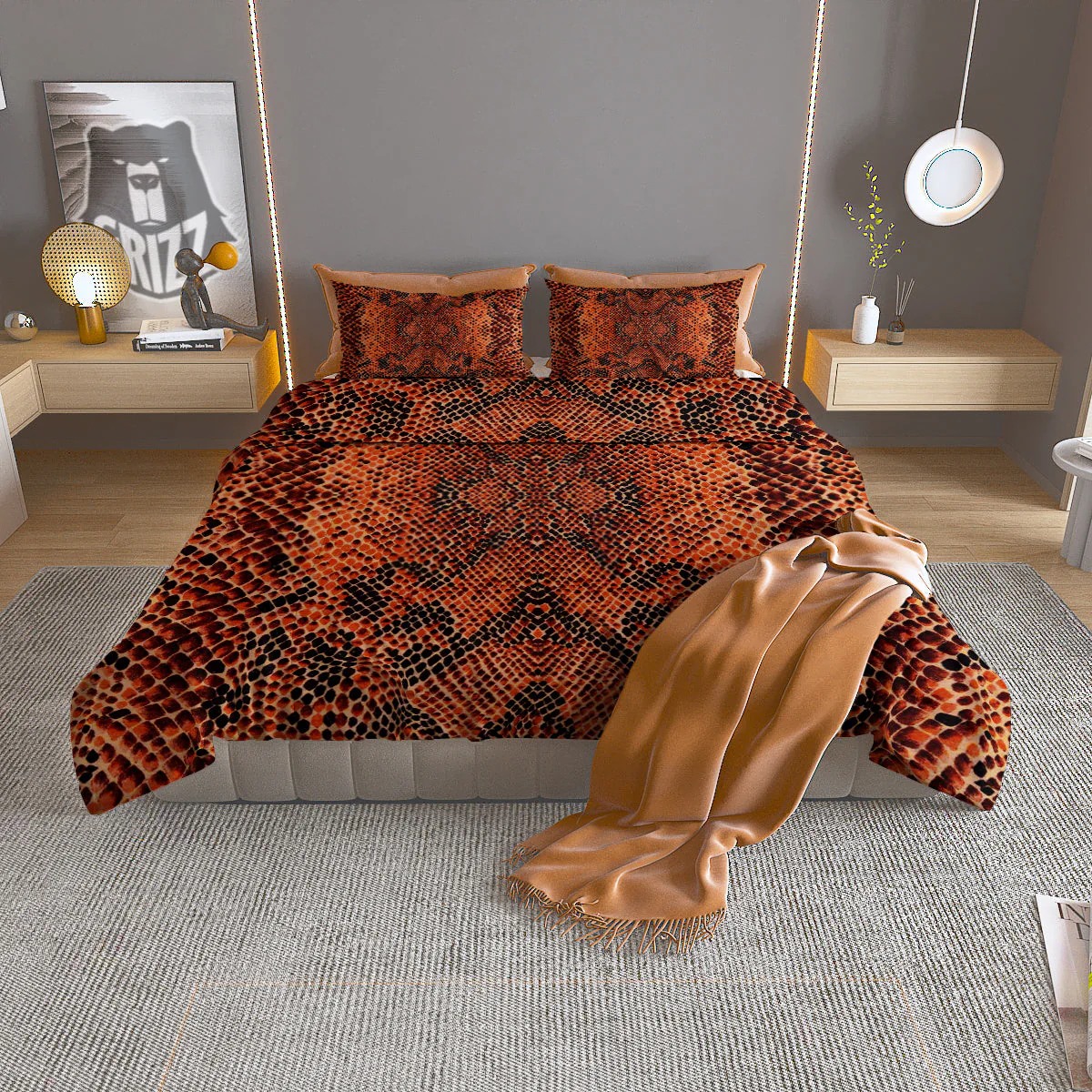 Snake Skin Black Orange Print Duvet Cover Bedding Set