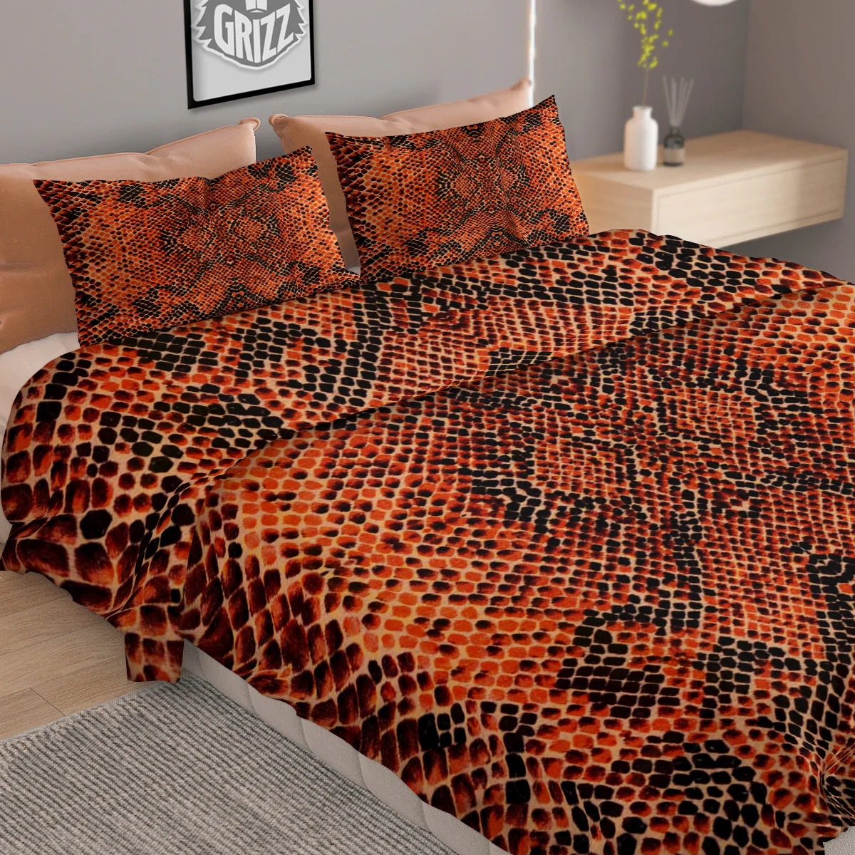 Snake Skin Black Orange Print Duvet Cover Bedding Set - Image 2