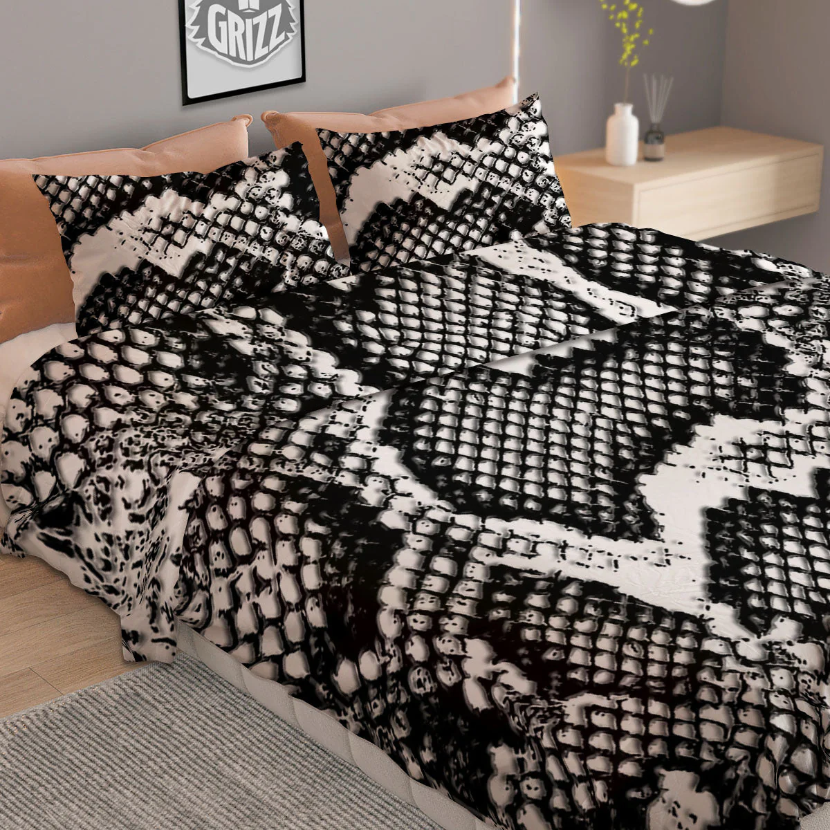 Snakeskin Black And Grey Print Duvet Cover Bedding Set - Image 2