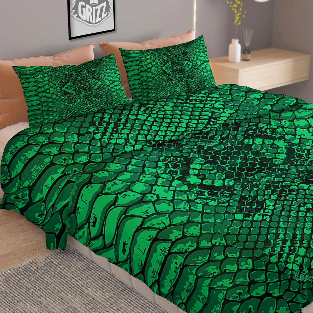 Snakeskin Black And Lime Green Print Duvet Cover Bedding Set - Image 2