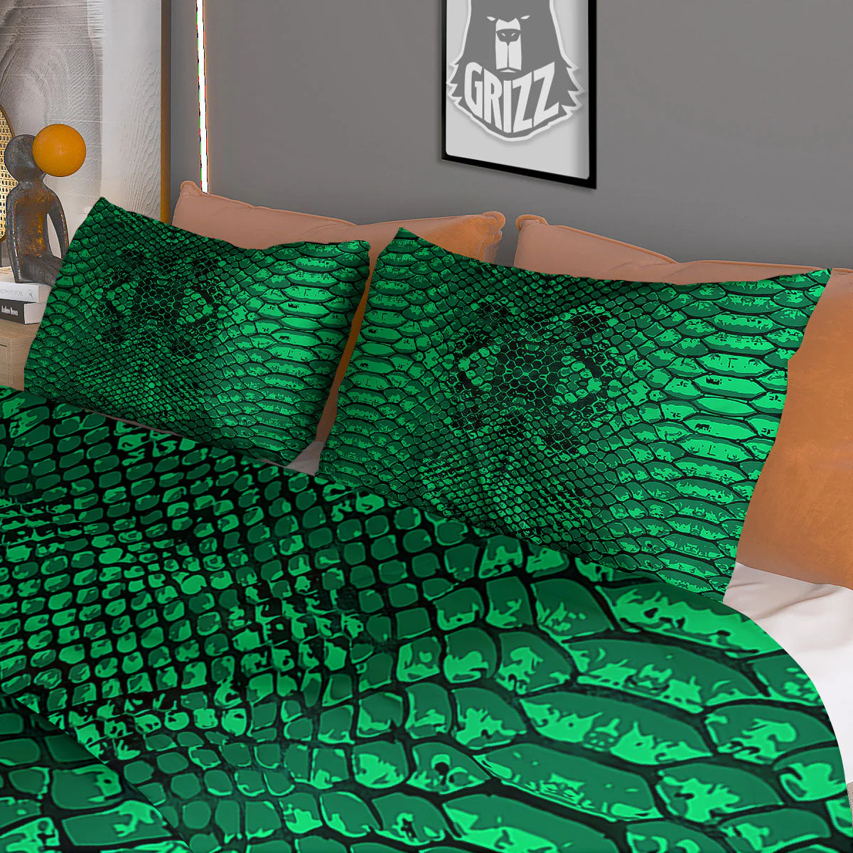 Snakeskin Black And Lime Green Print Duvet Cover Bedding Set - Image 3