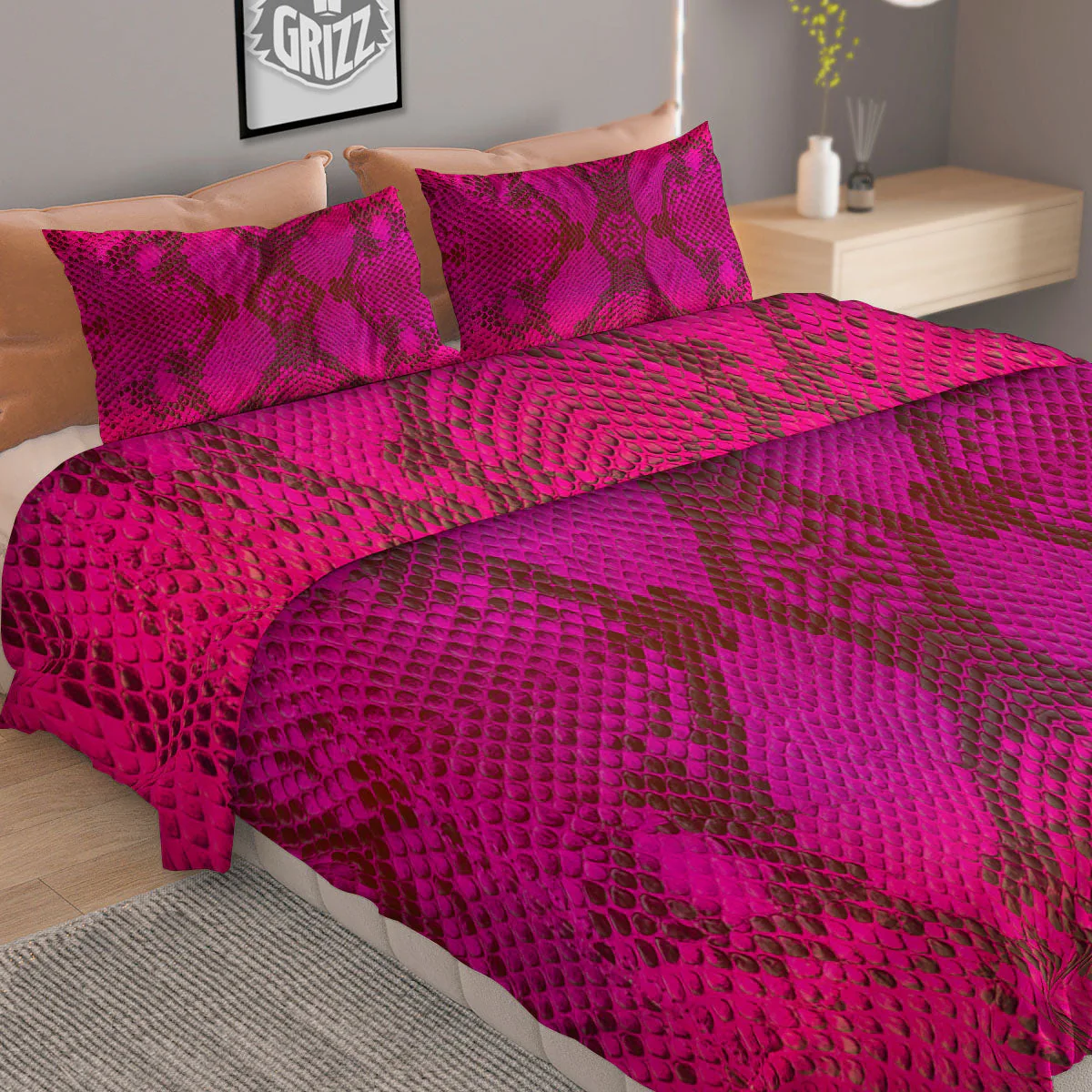 Snakeskin Black And Pink Magenta Print Duvet Cover Bedding Set - Image 2