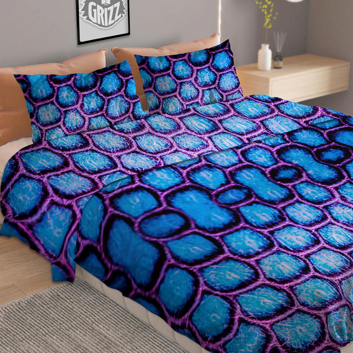 Snakeskin Blue And Purple Print Pattern Duvet Cover Bedding Set - Image 2