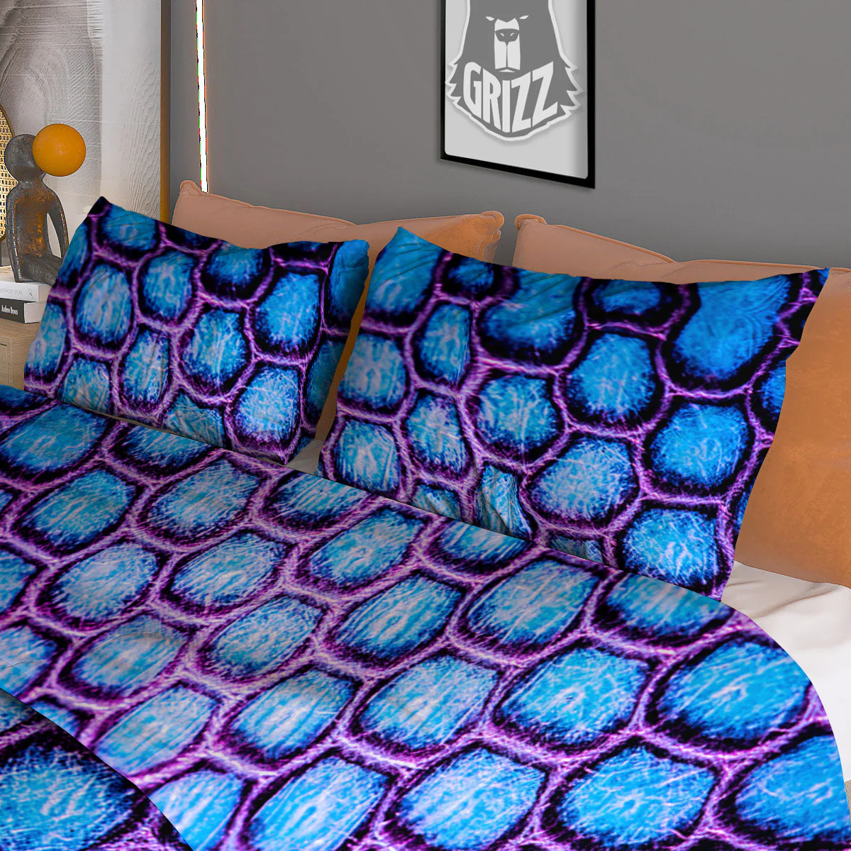 Snakeskin Blue And Purple Print Pattern Duvet Cover Bedding Set - Image 3