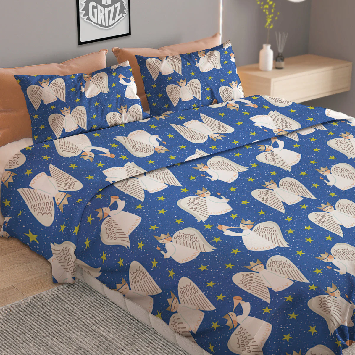 Snowflake And Angel Print Pattern Duvet Cover Bedding Set - Image 2