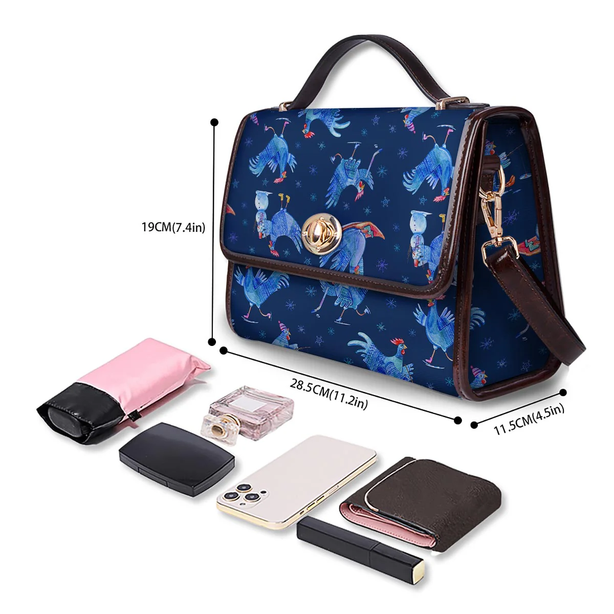 Snowflake And Rooster Print Pattern Women's Satchel Bag - Image 4