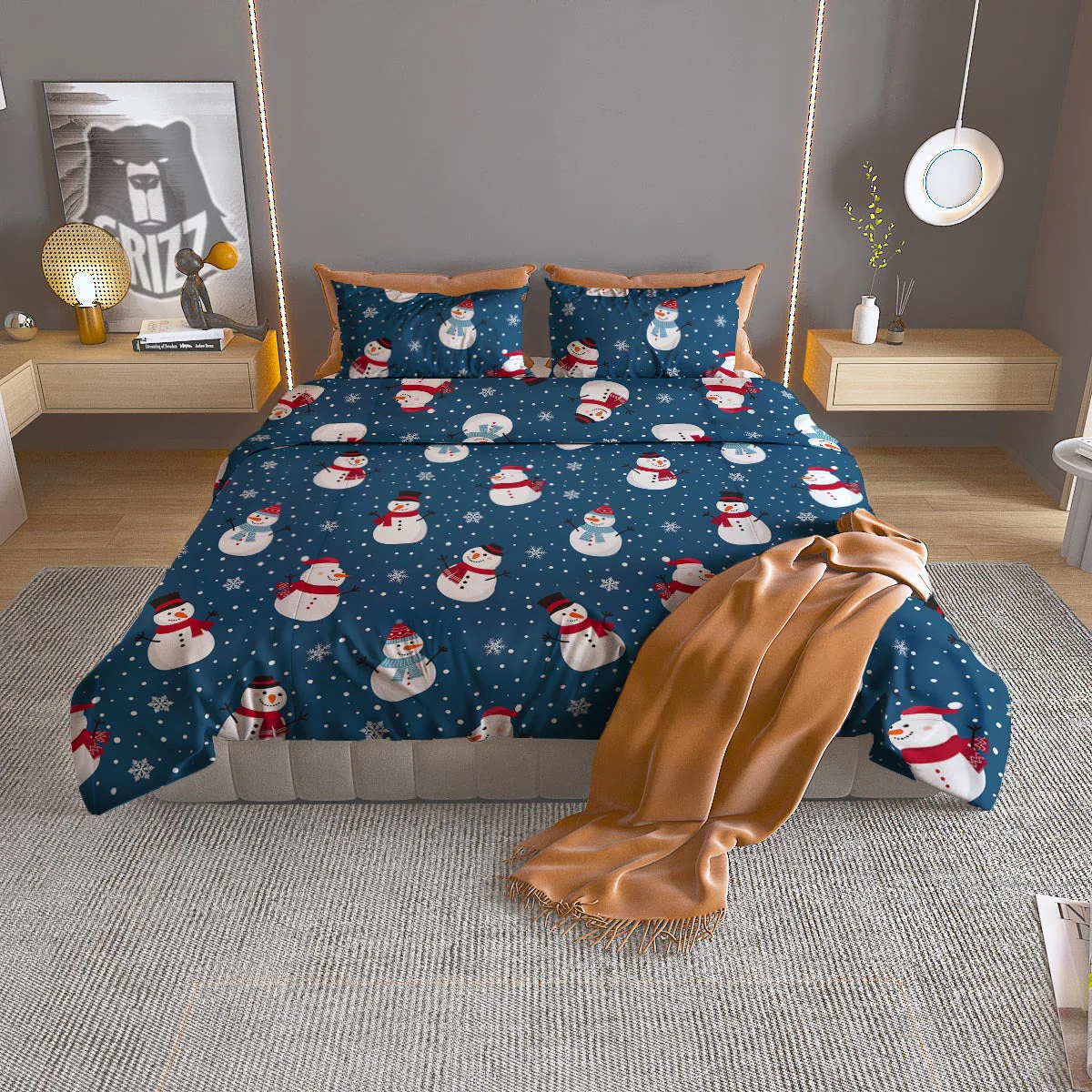 Snowflake And Snowman Print Pattern Duvet Cover Bedding Set
