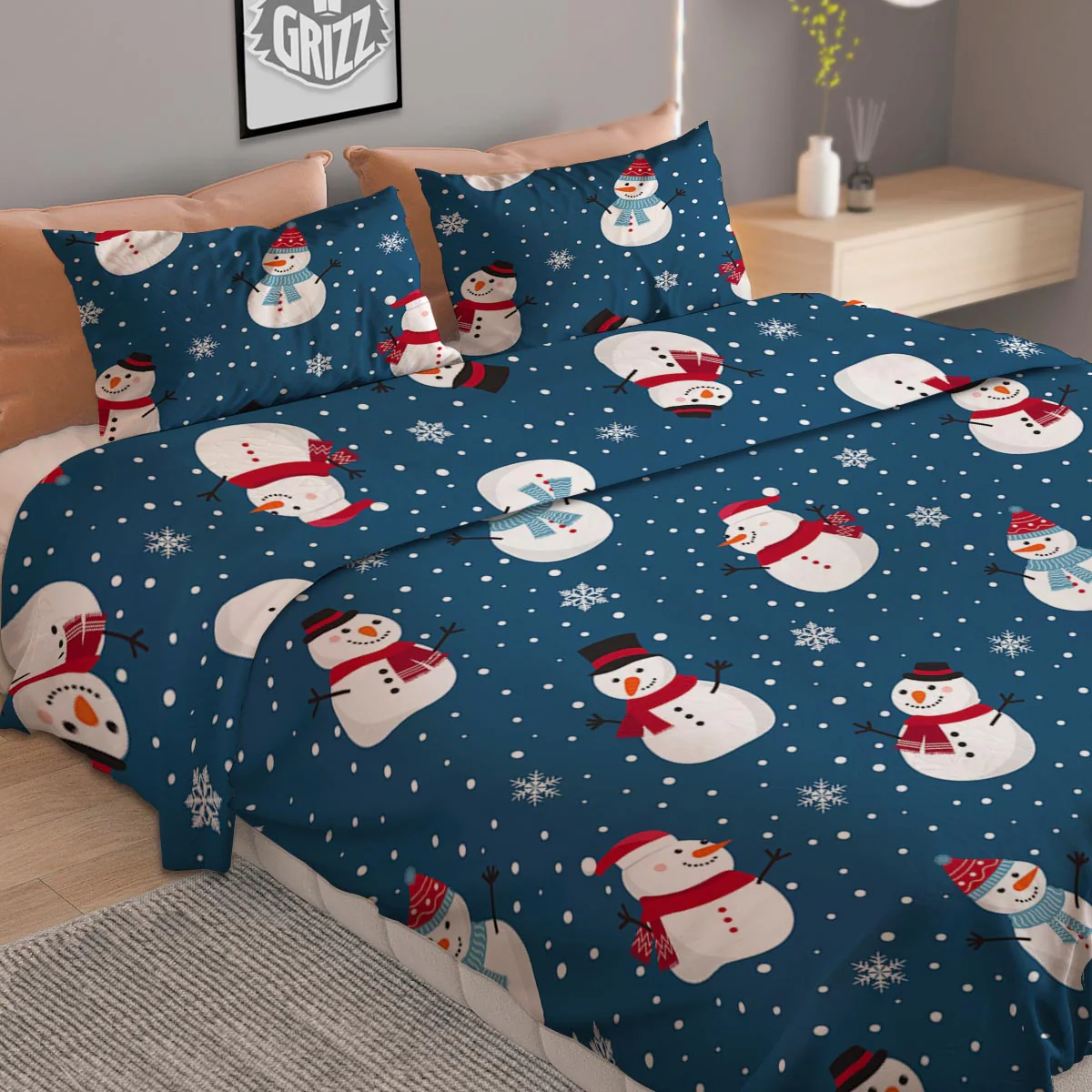Snowflake And Snowman Print Pattern Duvet Cover Bedding Set - Image 2