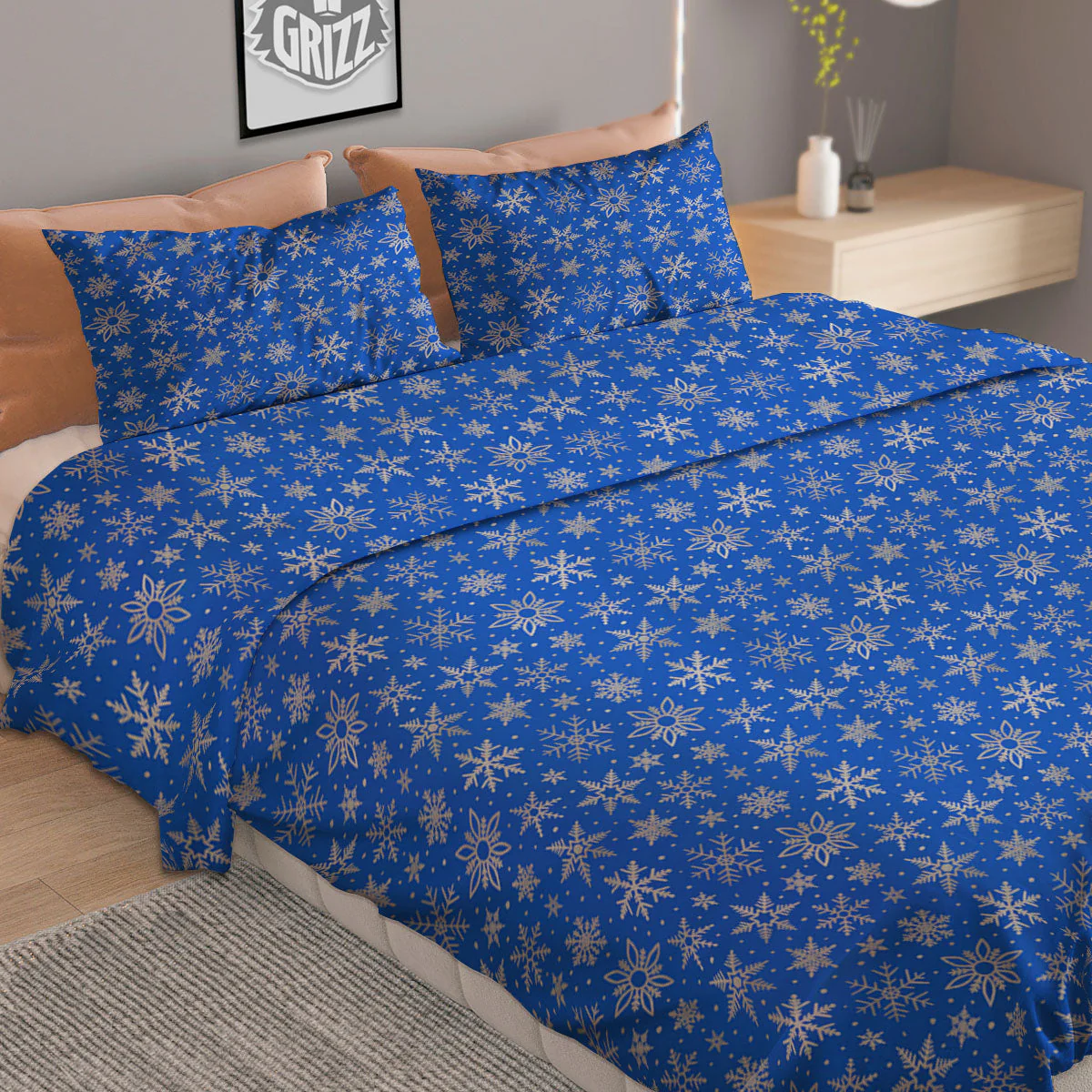 Snowflake Silver And Blue Print Pattern Duvet Cover Bedding Set - Image 2