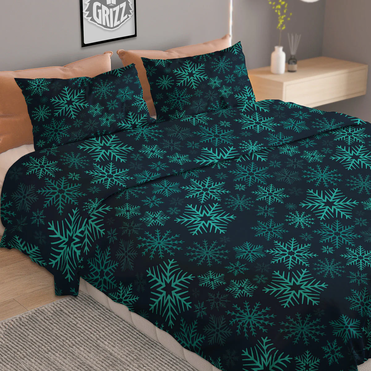 Snowflake Turquoise Print Pattern Duvet Cover Bedding Set - Image 2