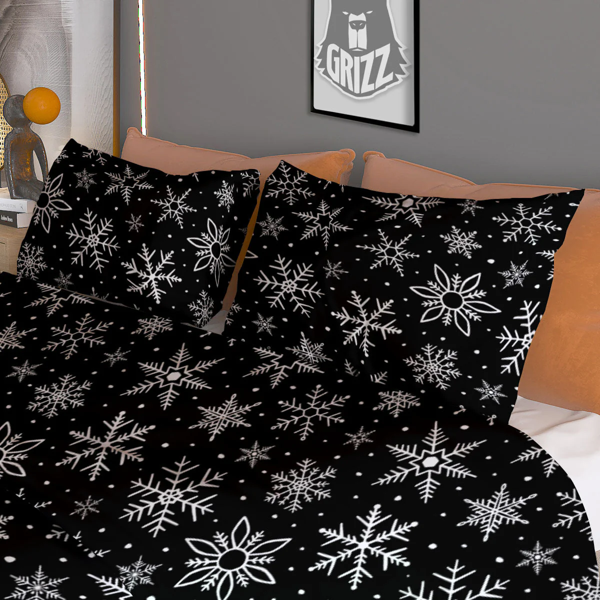 Snowflake White And Black Print Pattern Duvet Cover Bedding Set - Image 3
