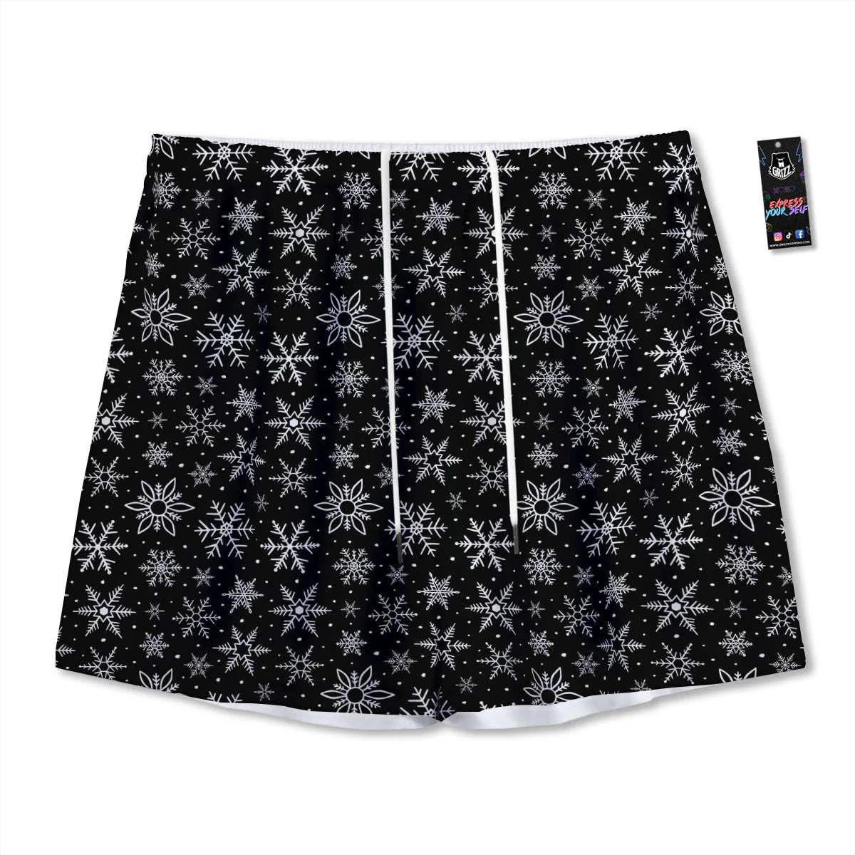 Snowflake White And Black Print Pattern Mesh Shorts