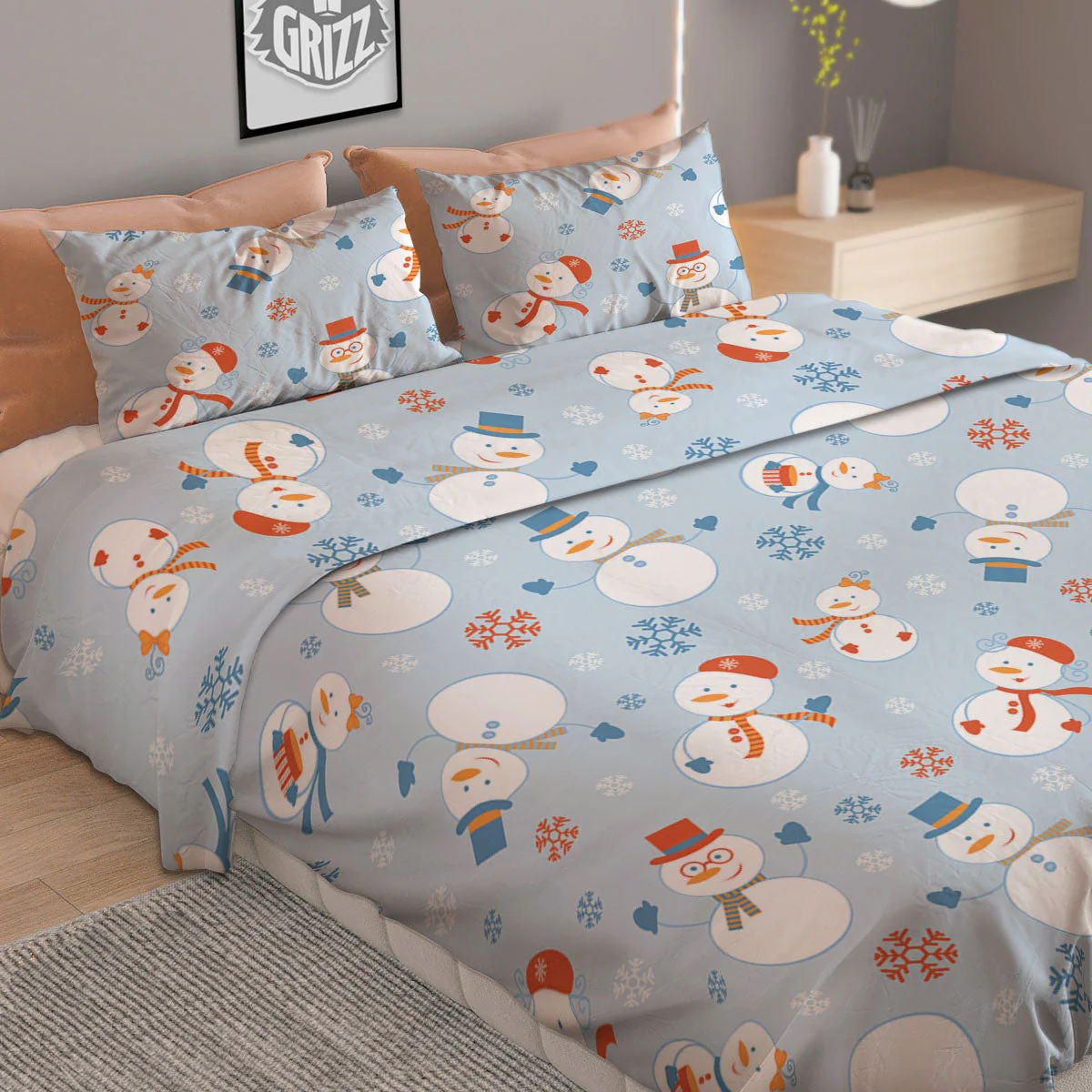 Snowman Holiday Print Pattern Duvet Cover Bedding Set - Image 2