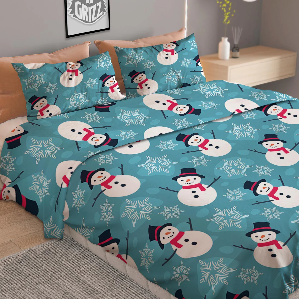 Snowman Teal Print Pattern Duvet Cover Bedding Set - Image 2