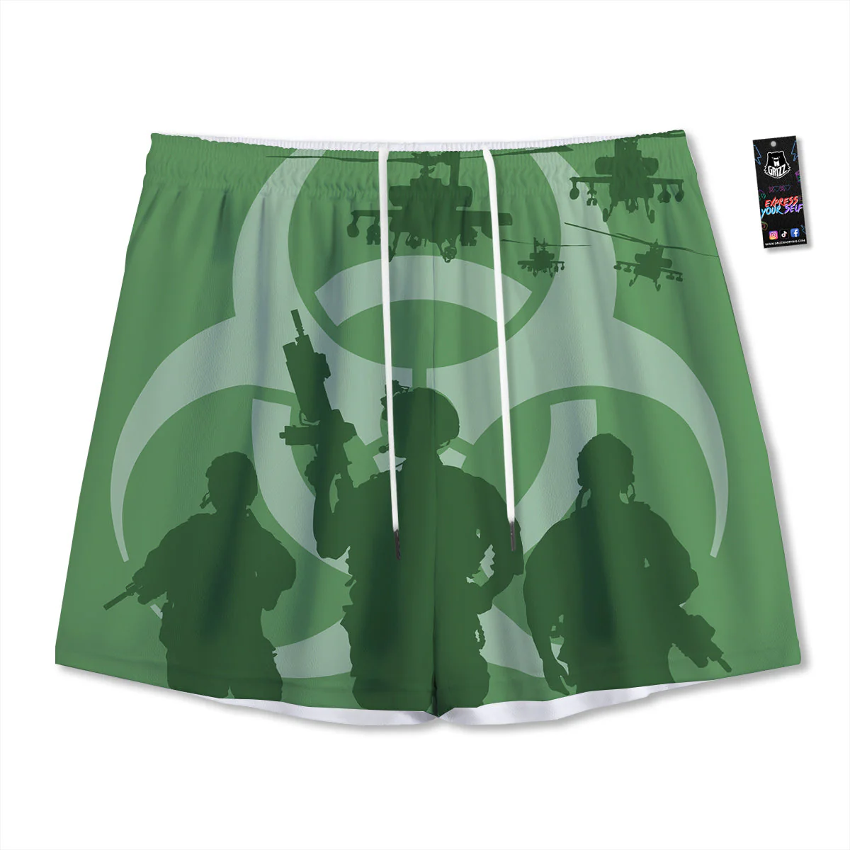 Soldiers And Biohazard Print Mesh Shorts
