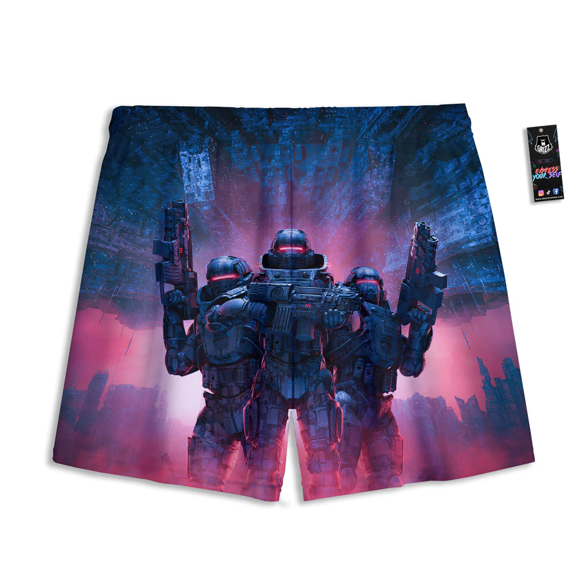 Soldiers Cyberpunk Print Mesh Shorts - Image 2