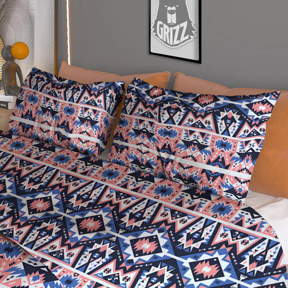 Southwestern Blue And Pink Print Pattern Duvet Cover Bedding Set - Image 3