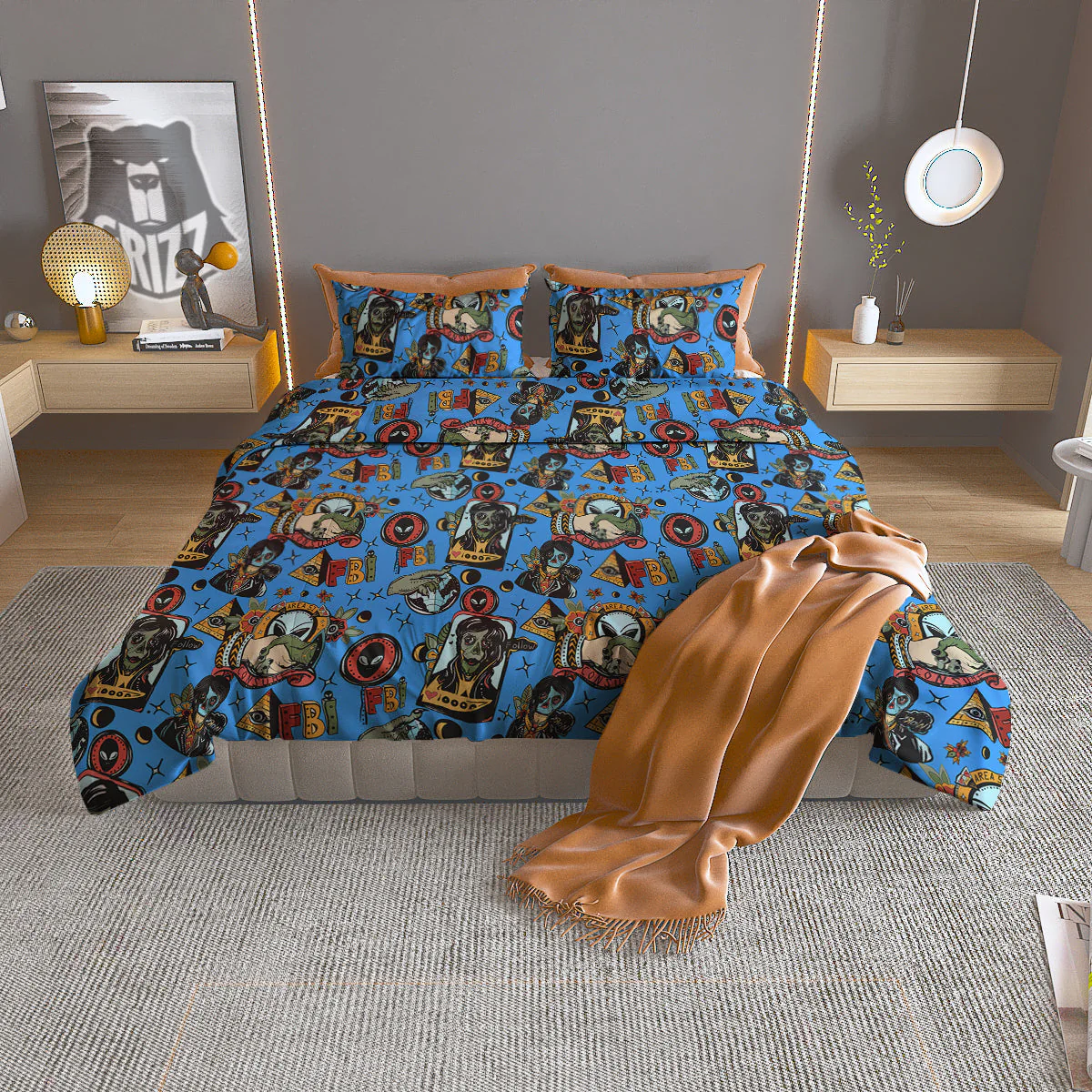 Space Alien Retro Tattoo Print Pattern Duvet Cover Bedding Set