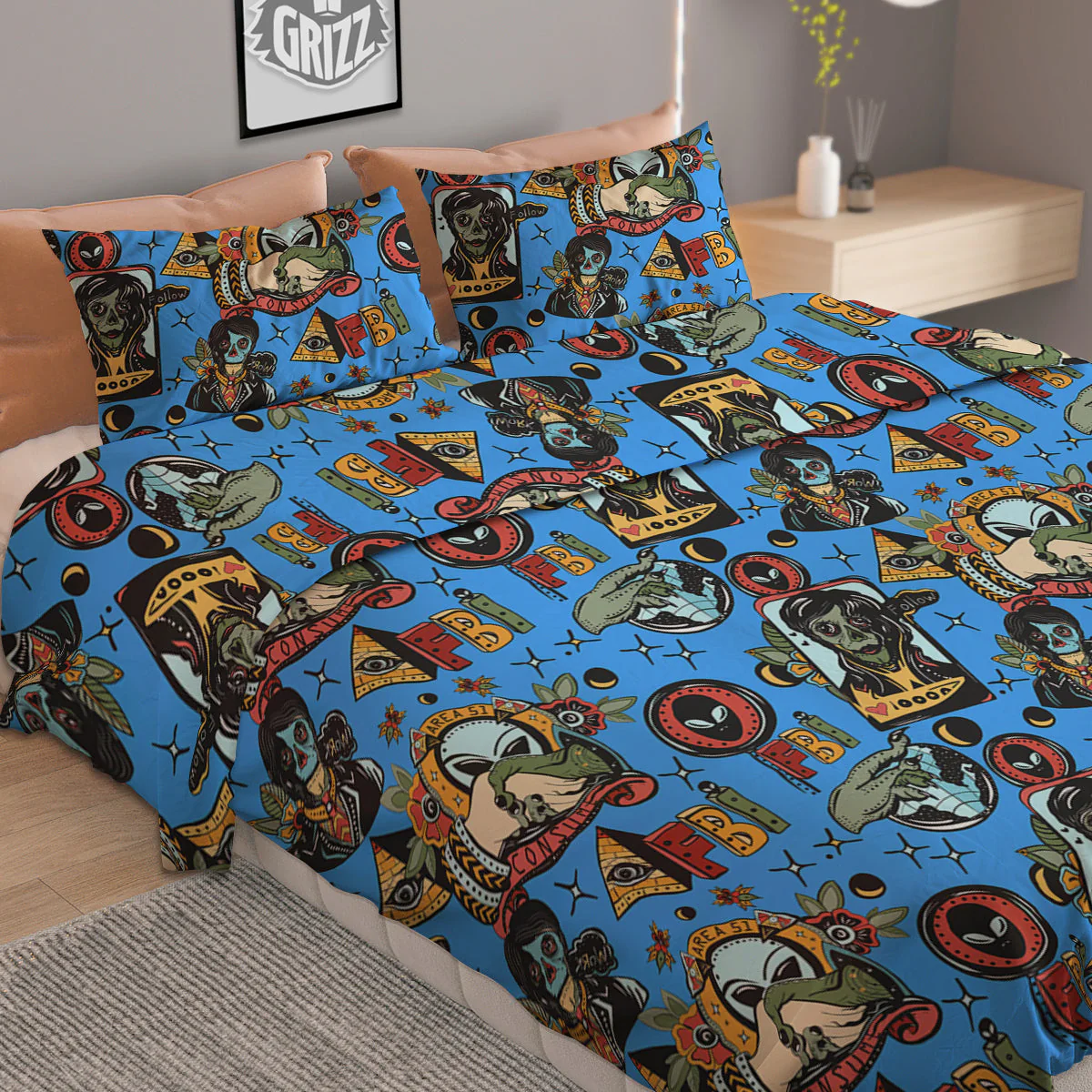 Space Alien Retro Tattoo Print Pattern Duvet Cover Bedding Set - Image 2